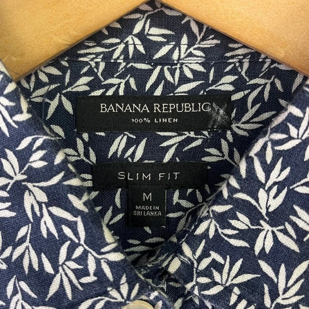 Banana Republic Mens Slim Fit 100% Linen Leaf Print Button Down Shirt Navy M